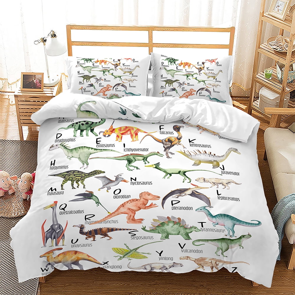 Colourful Dinosaur Duvet Cover For Kids Boys Girls Cartoon Dino Comforter Cover Floral Grass Mountain Bedding Set Wild Animal