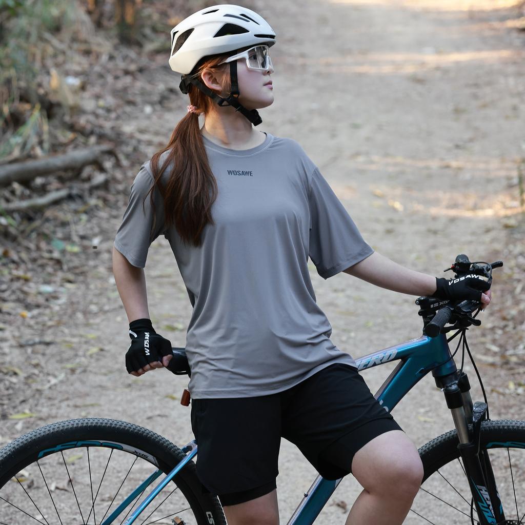 WOSAWE Męska i Damska Koszulka z Krótkim Rękawem na Rower Górski Outdoorowy Jazda na Rowerze Zestaw Spodenek MTB 2 w 1 z Wkładką