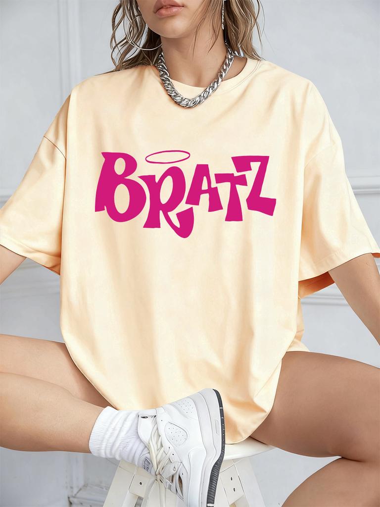 Y2K Pink Bratz Letter Prints Short Sleeve T-Shirts Womens Summer Cotton Tee Shirts Loose O-Neck Comfortable Tops Street Clothes