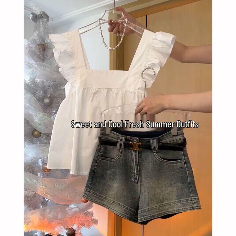 

Plus Size Elegant Summer Suit: Flounce Sleeve Top & High-Waisted Jeans Set 2XL (Recommended for 125-135 jin)