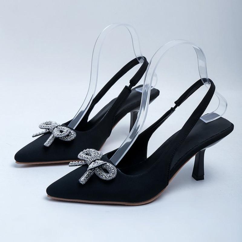 Sandali Ciabatte Donna Cristallo Festa Sexy Neri Punta Fiocco Cinturino Posteriore Sandali Tacchi Alti Stiletto con Strass Scarpe Donna