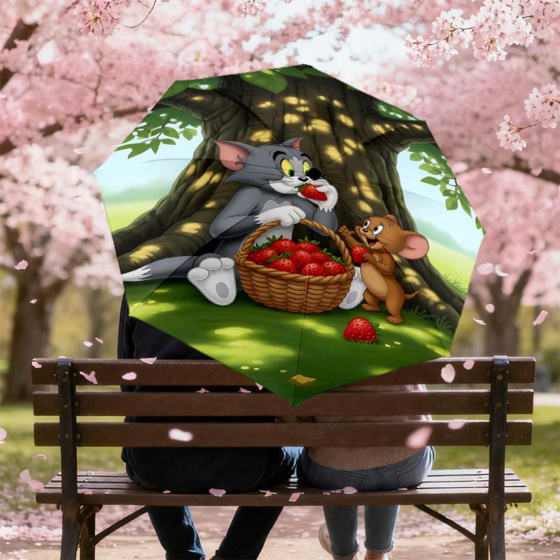 1PC Warner Tom and Jerry, strawberry Automatic Open/Close Umbrella with Windproof, 83-Rib Sturdy Canopy, Durable Ribs1300A
