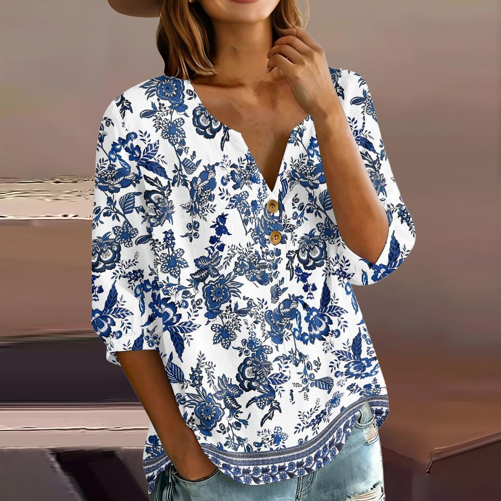 Women’s Floral Print Cotton Linen Henley Neck Button Front Three Quarter Sleeve Casual Loose Fit Shirt Top