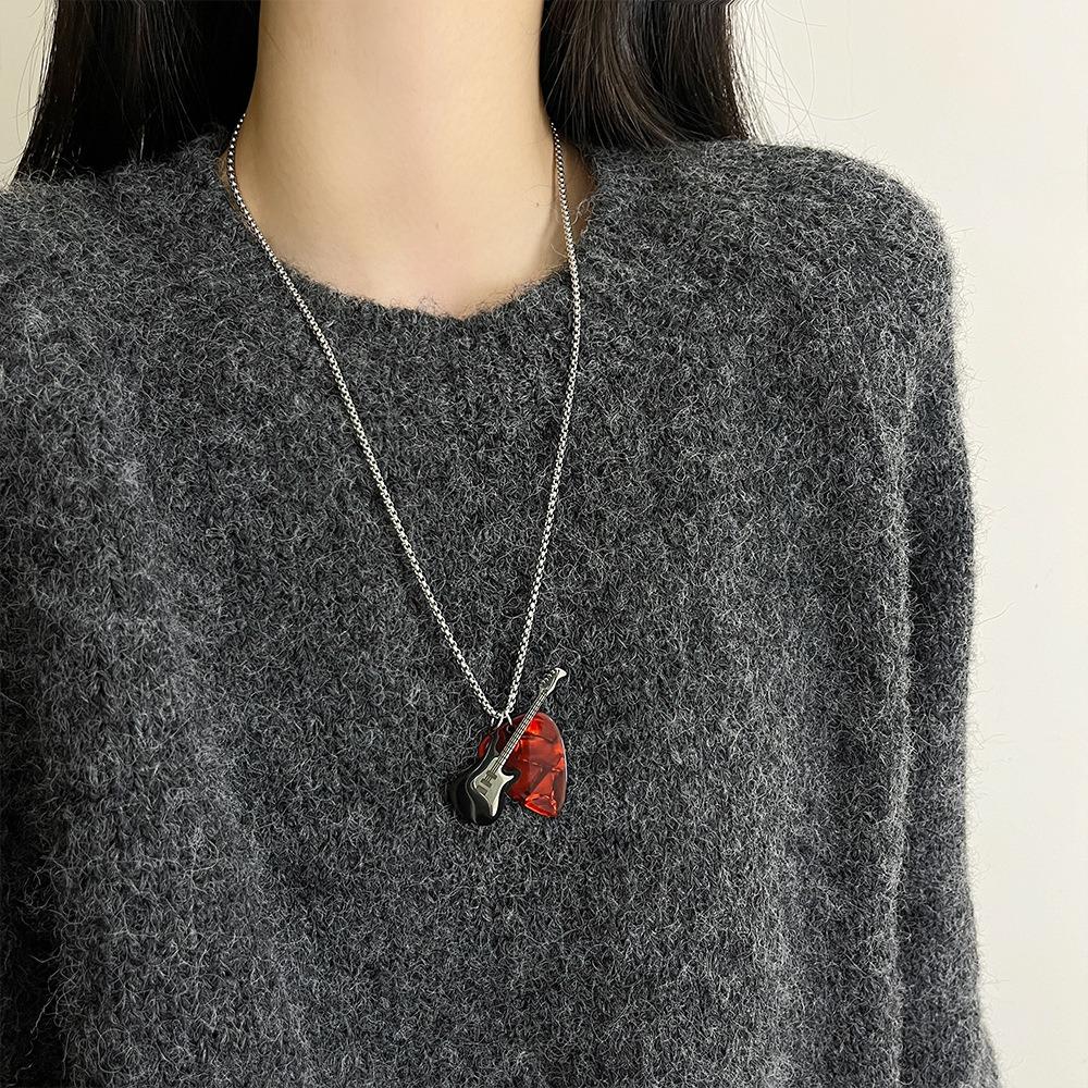 Punk Guitar Pick Pendant Necklace Titanium Steel Electric Guitar Sweater Chain  Boys