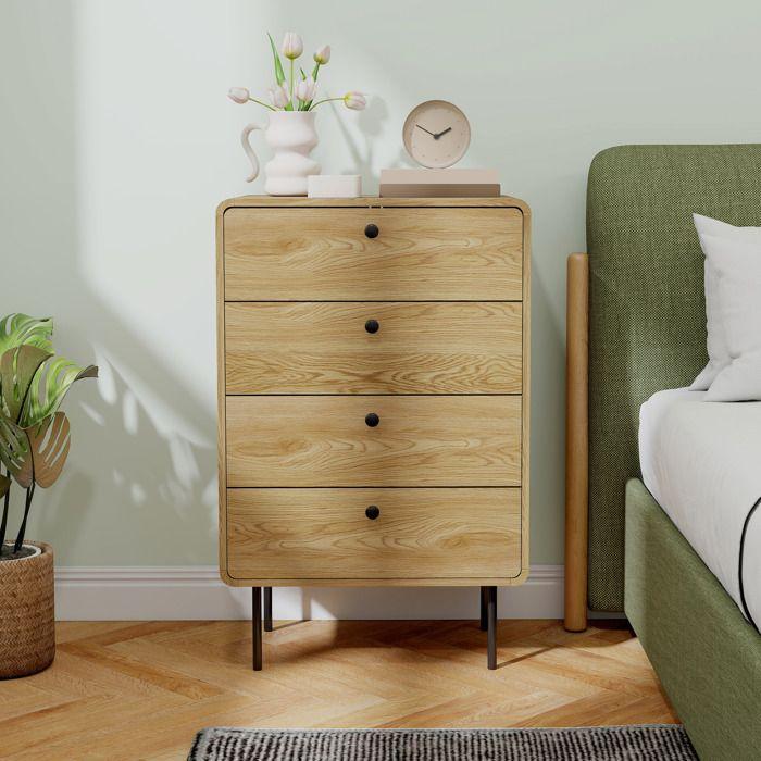Commode - HOMCOM - 4 tiroirs - pieds en acier, coins arrondis - panneau de particules et MDF - 60 x 39 x 91,5 cm - chêne