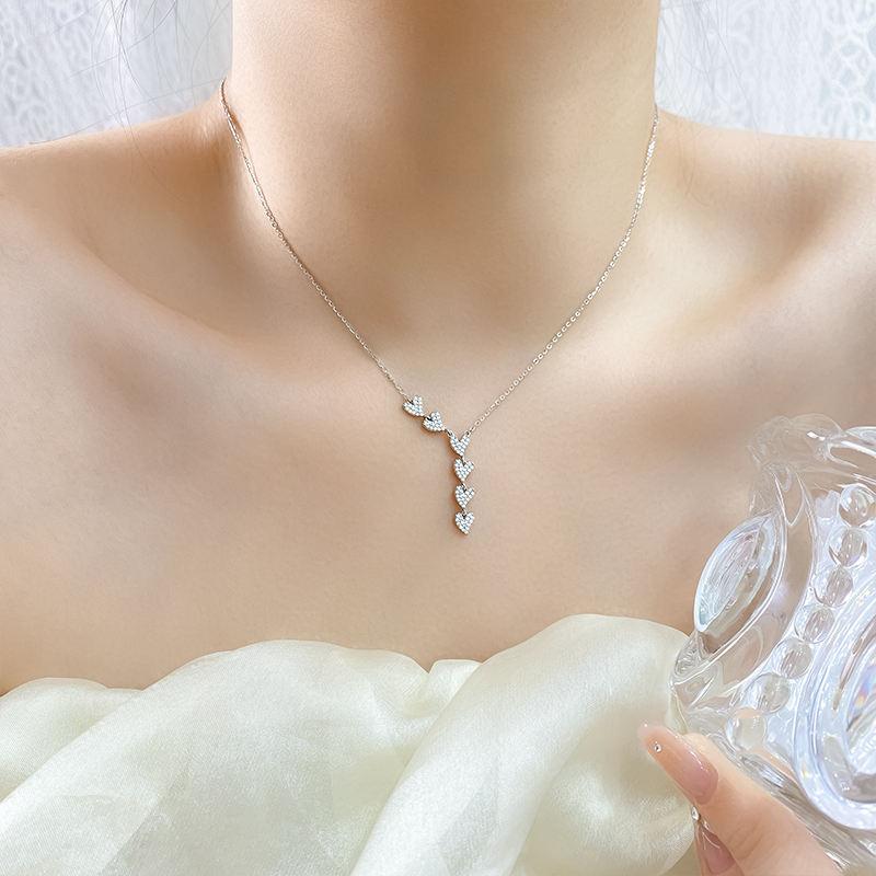 Fine Jewelry Dainty Heart Necklace CZ 925 Sterling Silver Zircon Tassel Heart Charm Necklace for Women