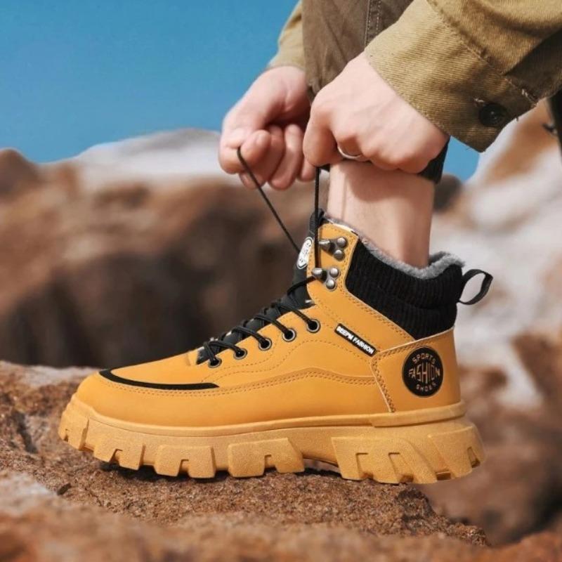 Winter Men's High Top Thermal Work Boots British Style Plush Lined Waterproof Leather Casual Shoes Non-Slip Warm Chunky Sneakers