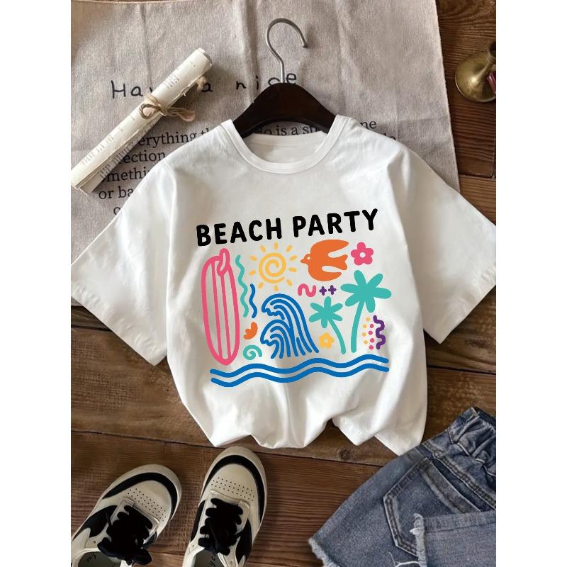 Kids Crewneck Short Sleeve T-Shirt, Summer Beach Vacation Surfboard Sun Wave Print 110 белый