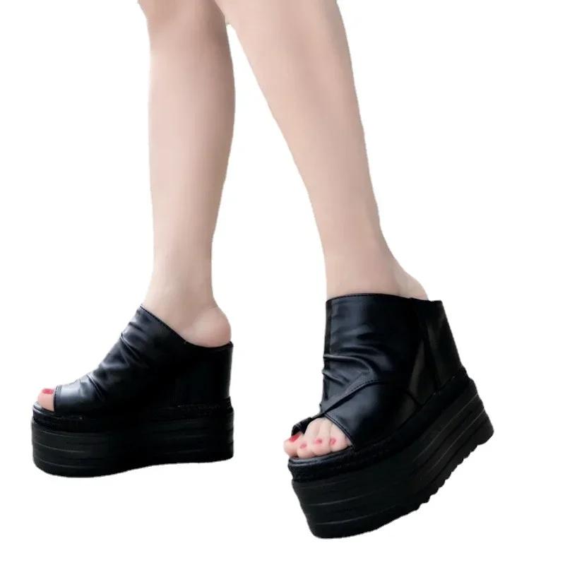Fashion 14CM Genuine Leather Sandals Women Fashion  Thick High Heel Party Night Club Shoes Sexy Platform Sandals Ladies Slippers