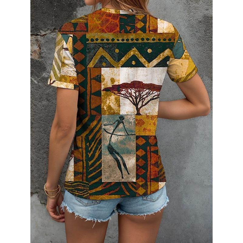 Women's T Shirt Graphic Geometric Color Block Bohemia Vintage Ethnic Short Sleeve Crew Neck Round Neck Regular Tops Daily Going out