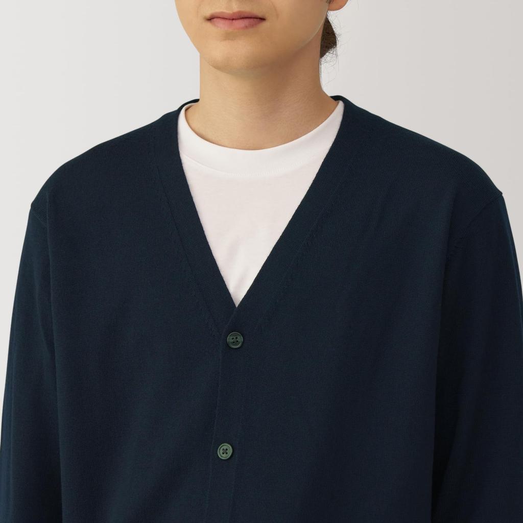 MUJI Men's Washable Wool High-Gauge V-Neck Cardigan, Dark Navy, Size AA0PFA4A, Men's XL