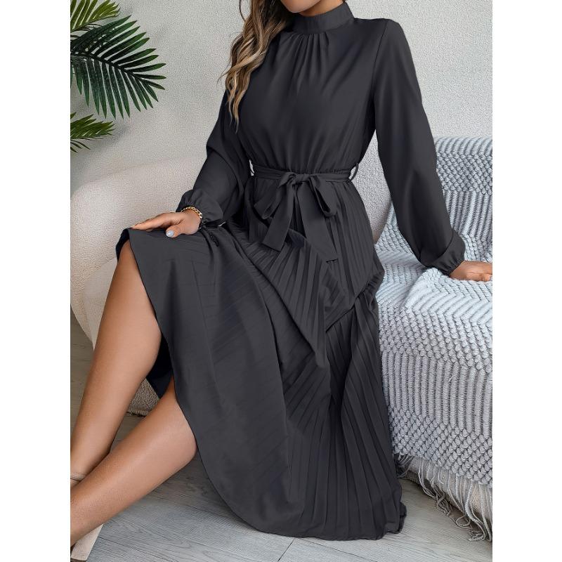 Women's Autumn and Winter Elegant Stand Collar Long Sleeve Waist Pleated Long Dress