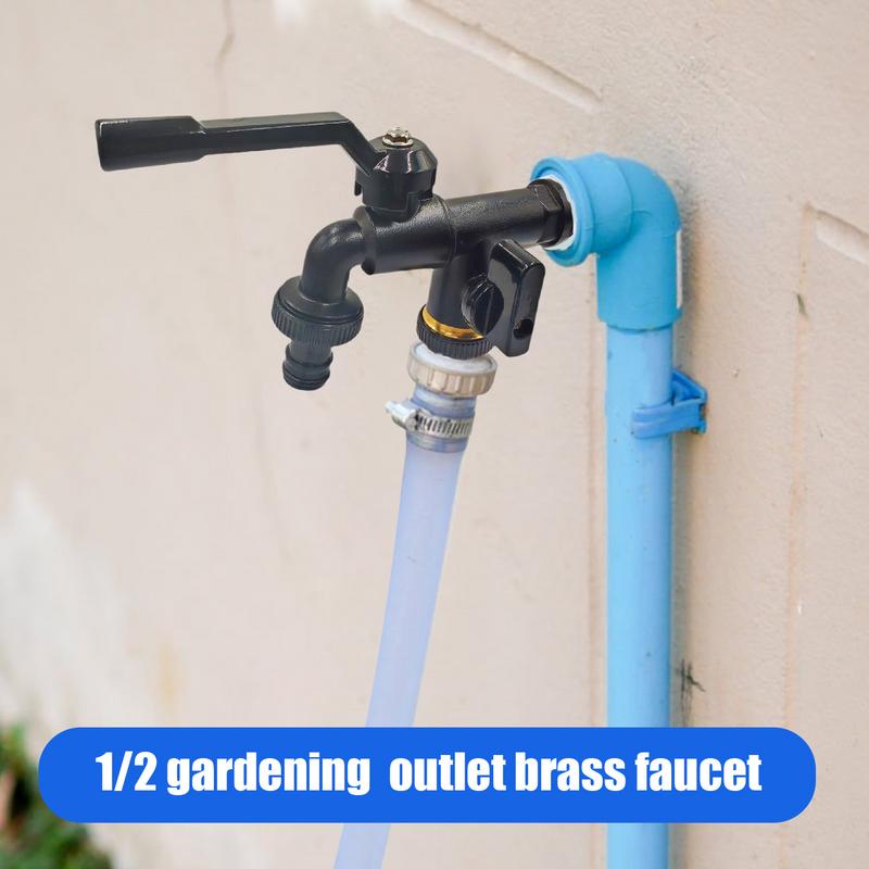 Outdoor Faucet With Double Outlet Double Taps Brass Water Faucet 1/2 Inch Inlet Home Water Hose Connector 1-Into-2 Spigot