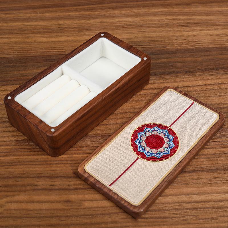 HeMu Magnetic Closure Embroidered Wooden Jewelry Box, Portable Mini Organizer for Rings, Earrings, Necklaces and Bracelets