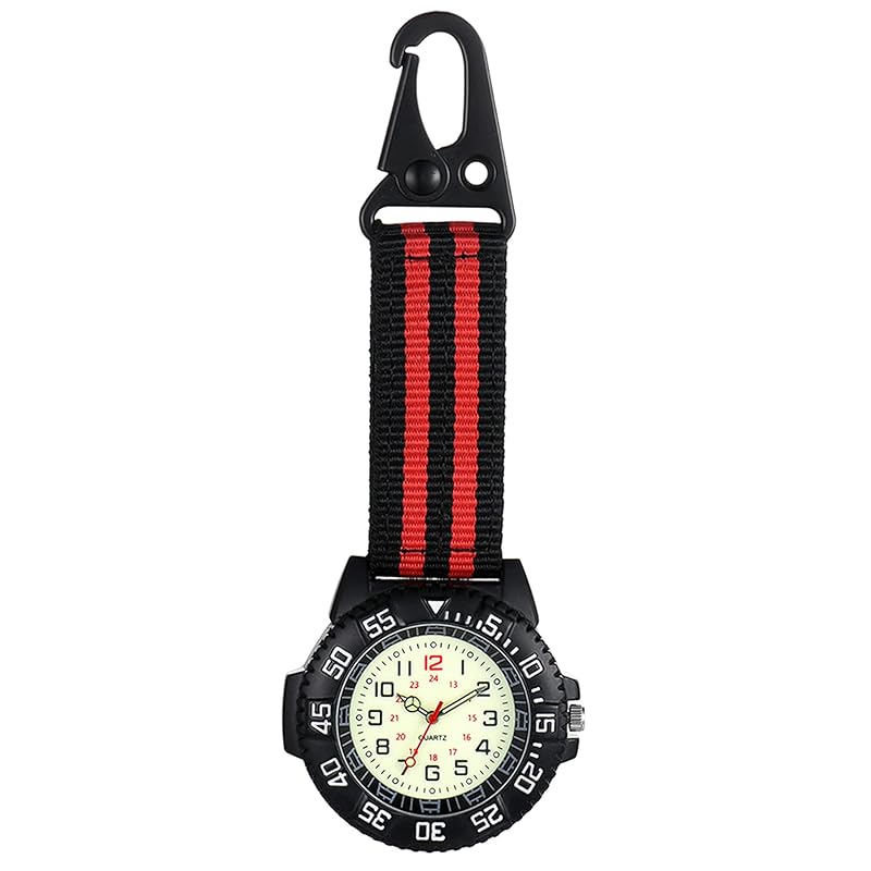 

Lancardo carabiner watch pocket watch analog quartz 24H clock nylon belt night light velcro key ring waterproof unisex black red