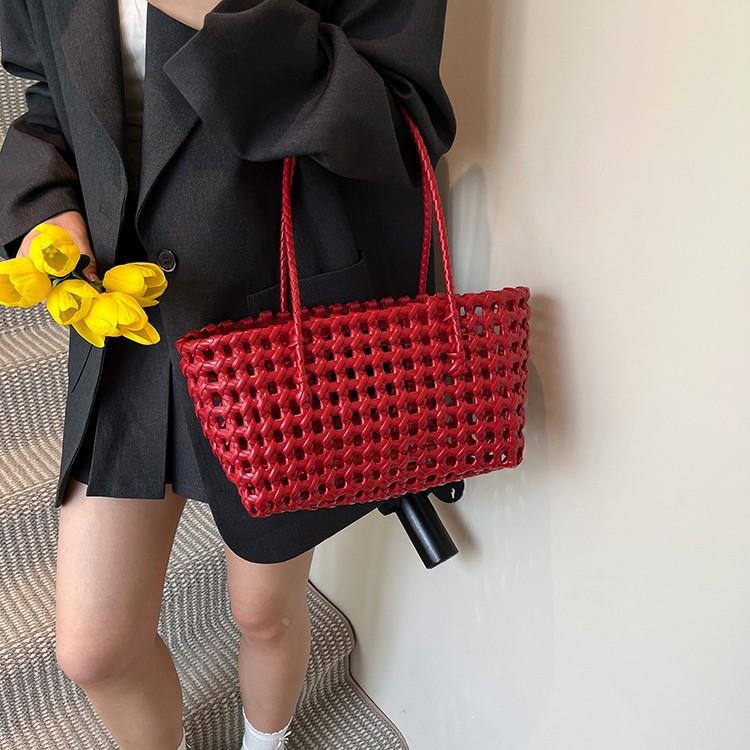 Spring Hollow Beach Bag Woven Bag Summer Niche Vegetable Basket Bag Seaside Vacation Portable Shoulder Bag