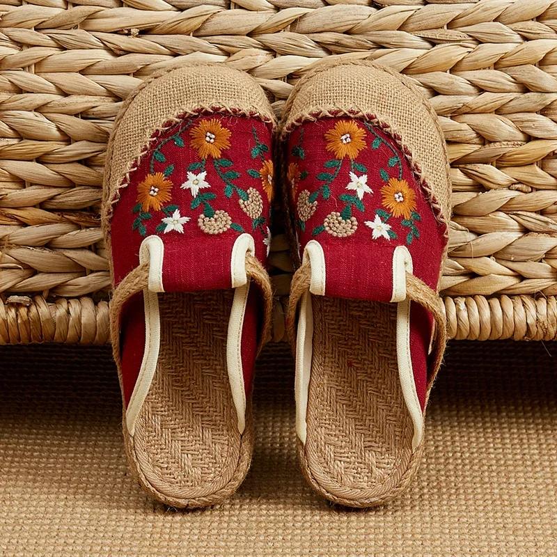 Fashion 2025 Women Casual Linen Handmade Embroidery Mules Flat Slippers Retro Vegan Summer Ladies Canvas Comfortable Espadrille Shoes