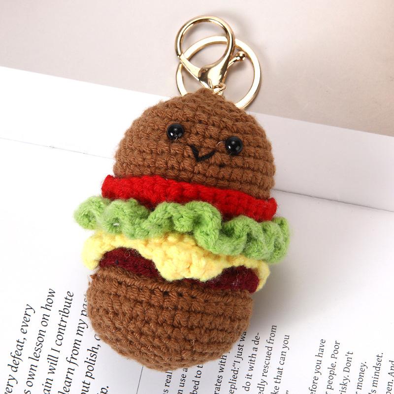 Funny Bread Doll Series Crochet Keychain Handmaking Crochet Hamburger Keyrings Creative Knitted Doll Gifts Knitting Keyrings