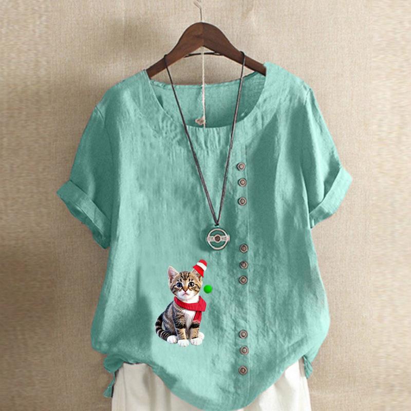 Women's Fashion Cat Prined Short Sleeve T-shirt Loose Cotton Shirt Casual Loose Summer Blouse Tops Plus Size