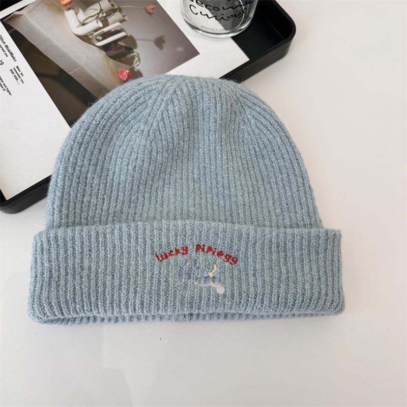 Knitted hat women's ins tide with letters small leather label warm pullover hat autumn and winter thin street ear protection cold hat