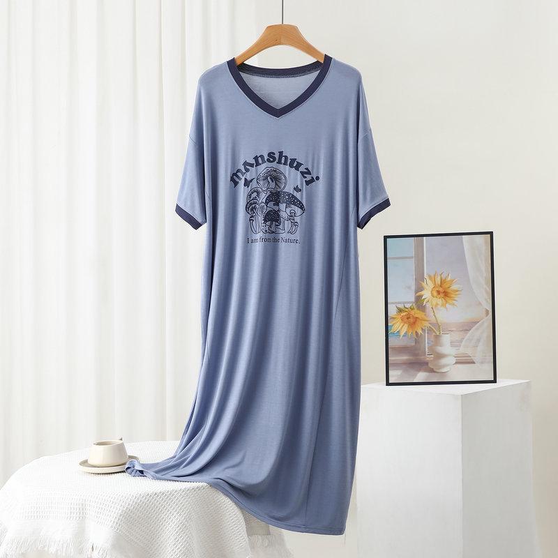 Plus Size Casual V-Neck Letter Print Modal Nightgown - Summer Loose-Fit Short Sleeve Dress