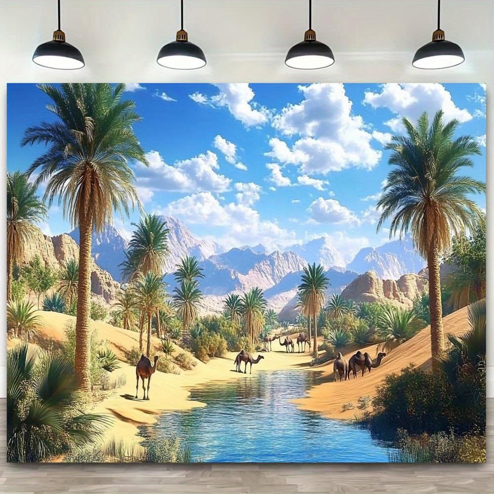 2D Plane Design, 1 Realistic Desert Oasis Photography Flag - Middle Eastern Landscape Painting, Featuring Camels