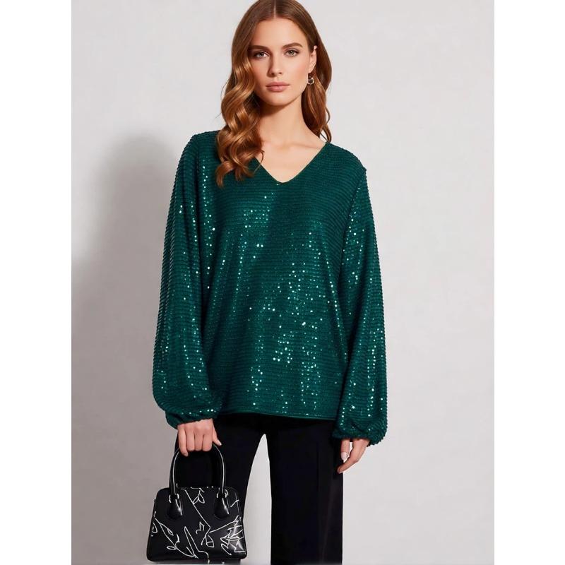 Women Elegant Loose V Neck Long Sleeve Solid Sequin T Shirt Top