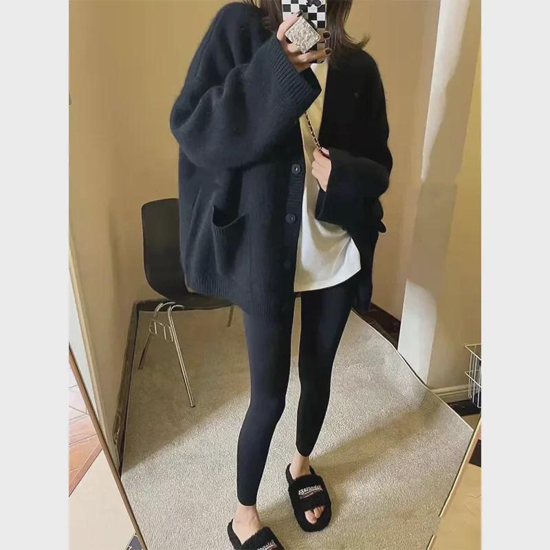 Women's Loose Fit Black Knitted Cardigan Jacket - Early Spring 2024 Lazy Style