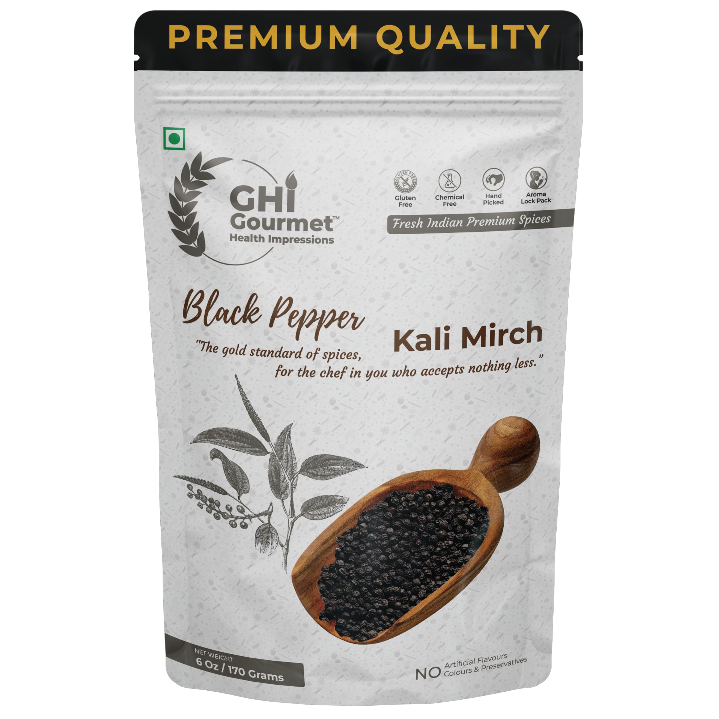 

GOURMET HEALTH IMPRESSIONS Superior Grade Wayanad Region Tellycherry Bold Whole Black Pepper (Kali Mirch) 170g - Aromatic, Freshly Packed,