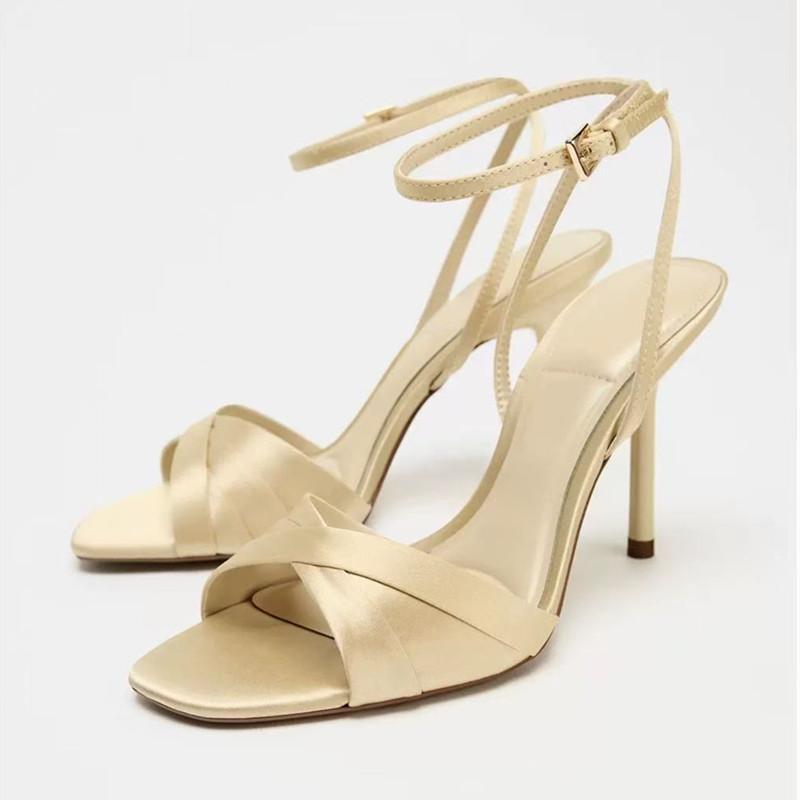 Fashion Luxury Satin Designer Sandals for Women Sexy Open Toe Ankle Strap Thin High Heels Elegant Banquet Wedding Shoes Sandalias Mujer