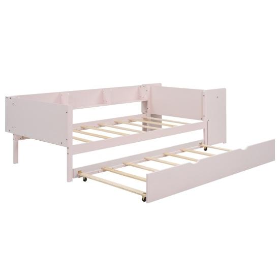 Single Bed 90x200cm Flat Bed Children Sofa with Pull-Out Computer Desk Three Shelves on The Side of Pink