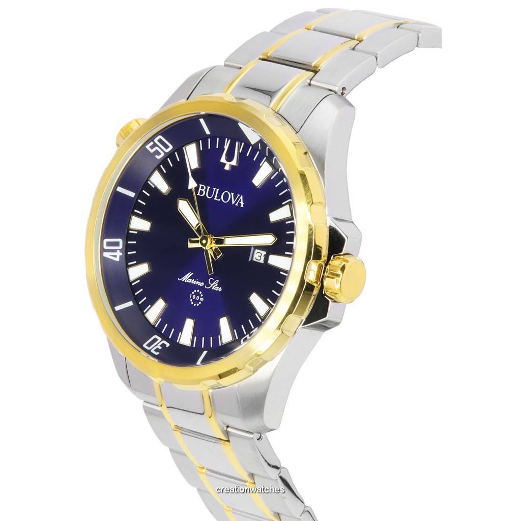 BULOVA Marine Star Zweifarbiges Armband Blaues Zifferblatt Quarz 98B384 100M Herrenuhr
