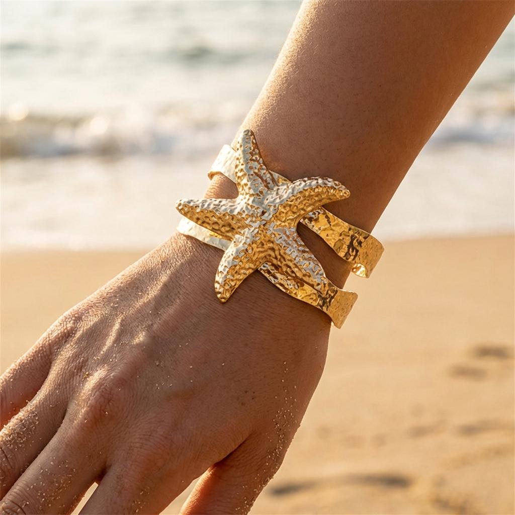 

Luxury Gold Color Starfish Cuff Bracelet for Women Chunky Statement Open Bangle Girls Summer Beach Vacation Jewelry Accessories
