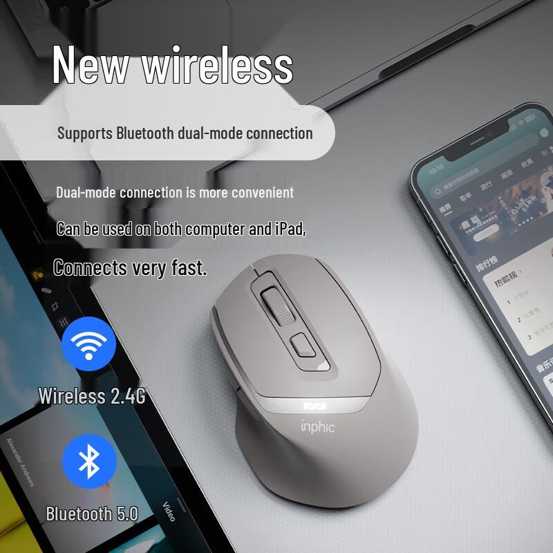 INPHIC DR6 Wireless Bluetooth Tri-Mode Rechargeable Silent Mouse