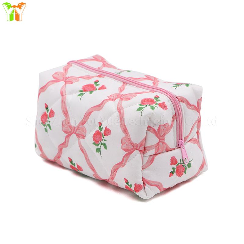 New Cute Quilted Bow Makeup Bag Coquette Small Pouch Floral Cosmetic Bag Cotton Toiletry Organizer Bag 17x10.5x10cm розовый