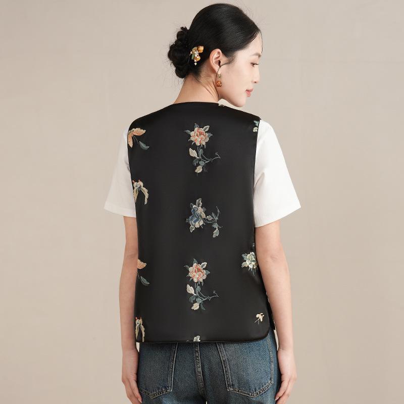Spring Retro Chinese-Style Hanfu Vest: Women's Satin Embroidered Cardigan with Frog Buttons
