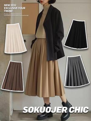 High-Quality Mid-Length Pleated A-Line Skirt with Elastic Waist for Women - Versatile Autumn/Winter Style