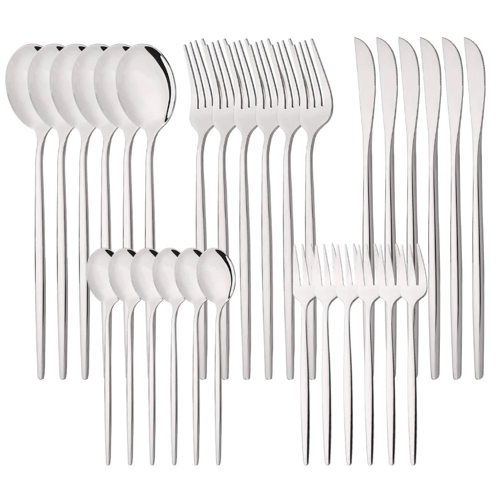 30Pcs Pink Silver Dinnerware Set Stainless Steel Steak Knife Fork Coffee Spoon Flatware Dishwasher Safe Kitchen Tableware Set