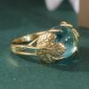 Vintage Gold Color Inlaid Sea Blue Stone Leaf Women's Ring Geometry Carving Daily Wear Party Jewelry