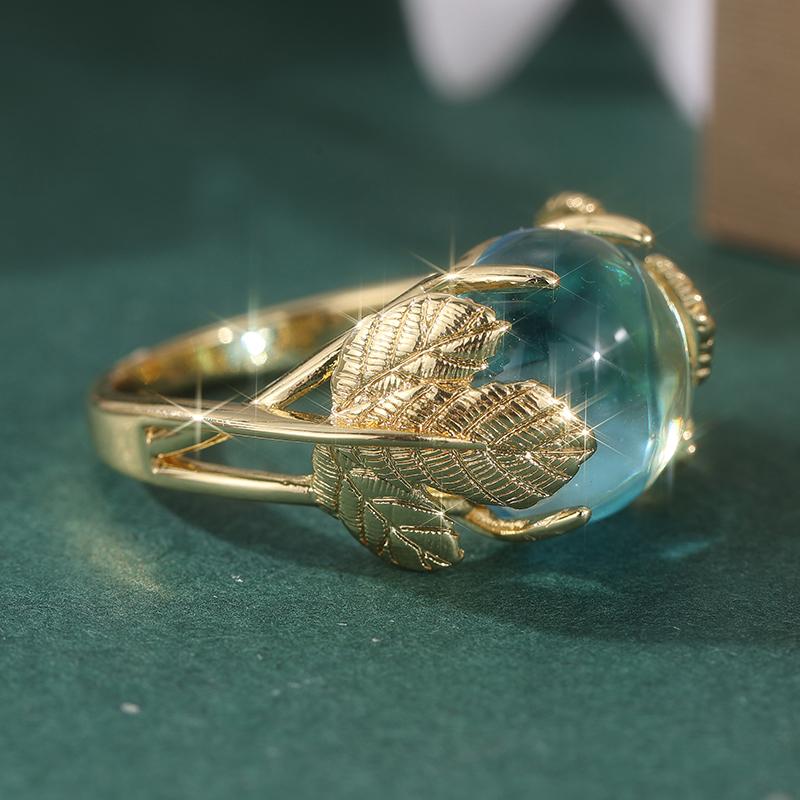 Vintage Gold Color Inlaid Sea Blue Stone Leaf Women's Ring Geometry Carving Daily Wear Party Jewelry