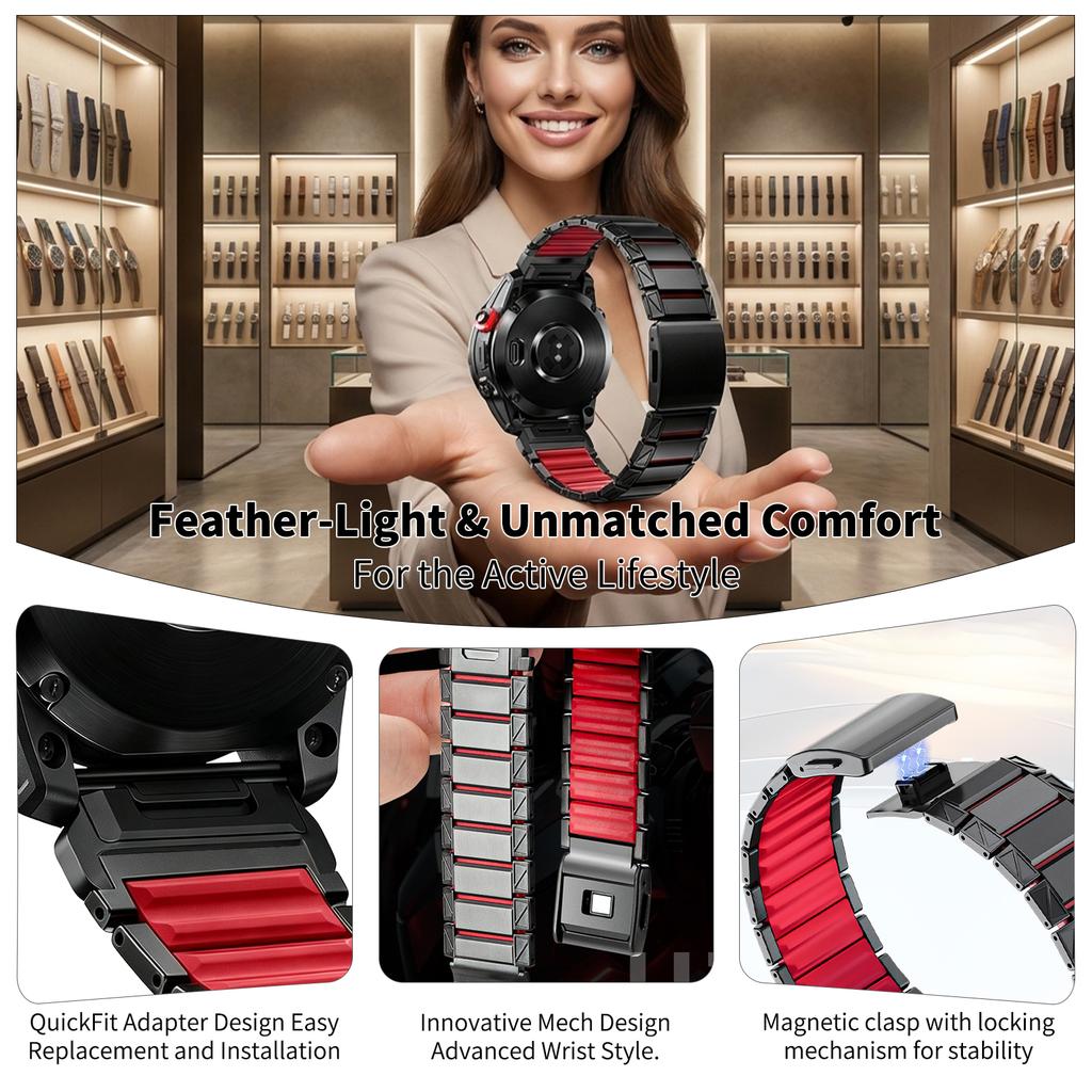 22mm 26mm Silicone + Titanium Straps QuickFit Band for Garmin Fenix 8 E 7 7X Pro 6 6X Magnetic Bands for Forerunner 970 Bracelet
