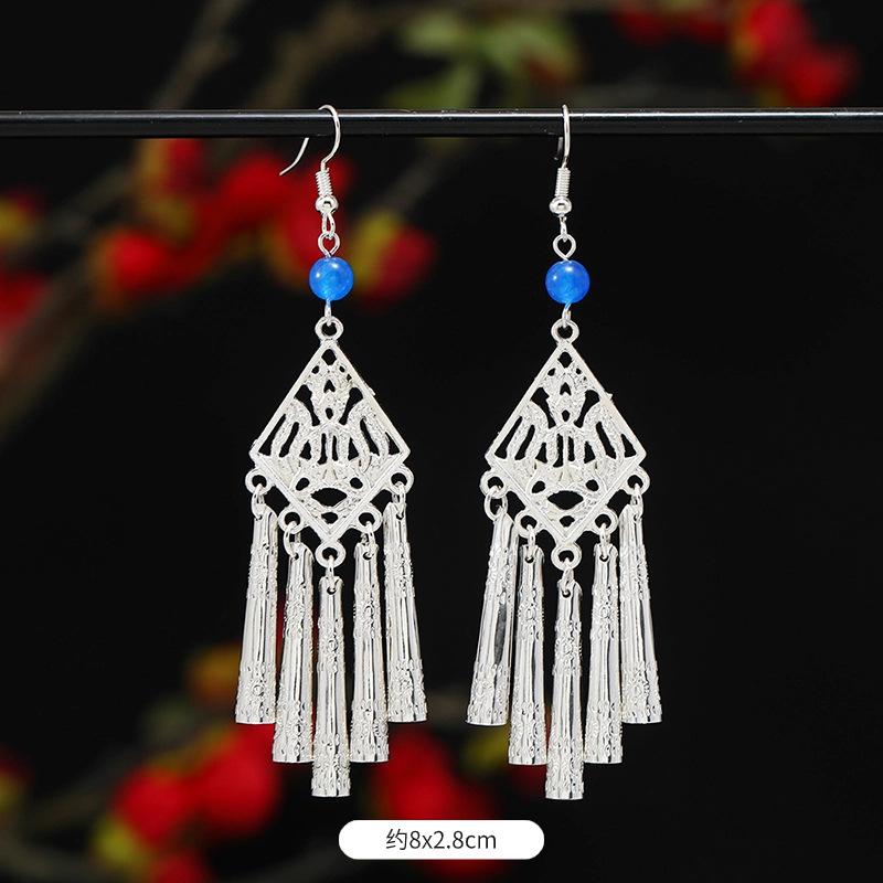 Miao Yin earrings original niche retro Dongling jade earrings long fringed earrings women