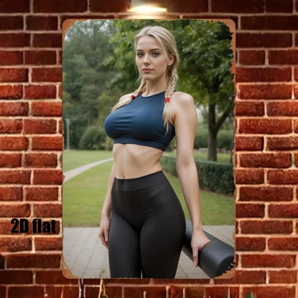 Hisun Tin Sign HD Metal Tin Sign Beautiful Blonde Fitness Model in Sportswear Retro Metal Plaque Wall Art for Man Cave Decor x Inch