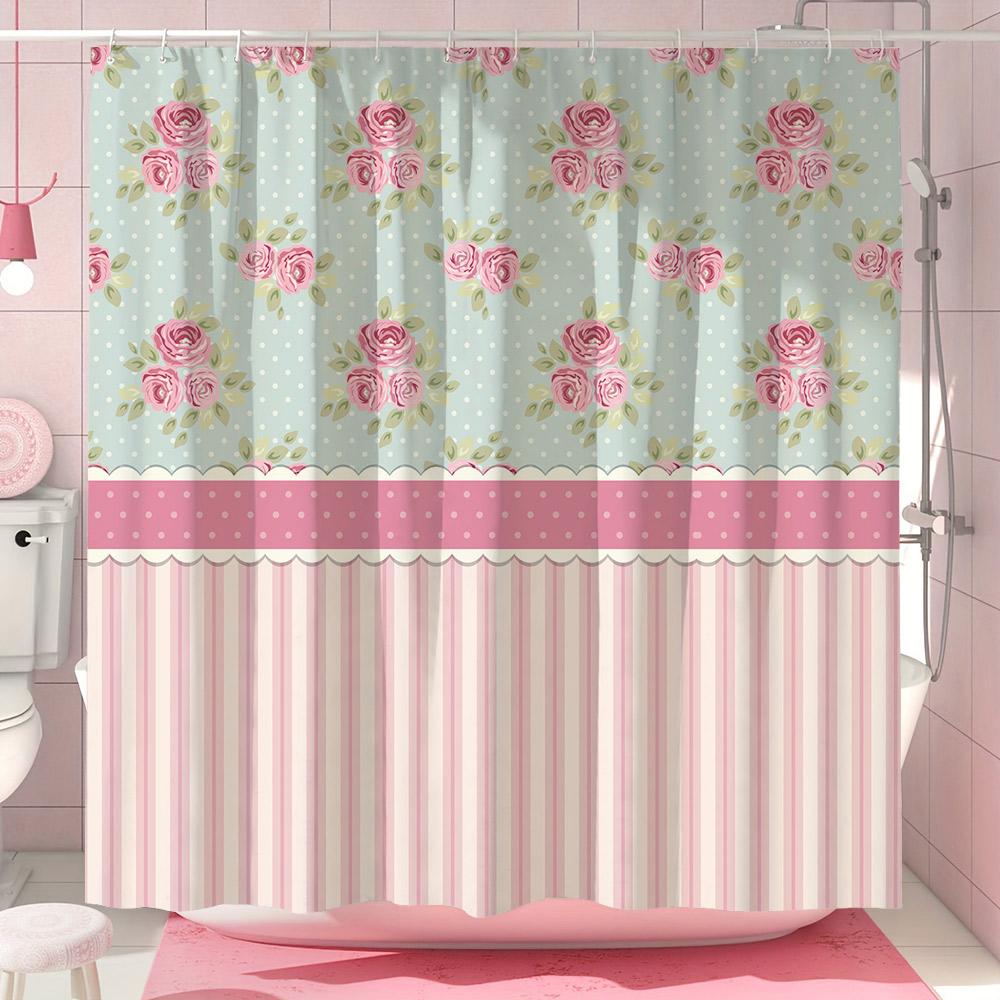 Cute Pink Bow Shower Curtain Simple European Lace Stripe Minimalist Modern Polyester Shower Curtains Bathroom Decor with Hooks
