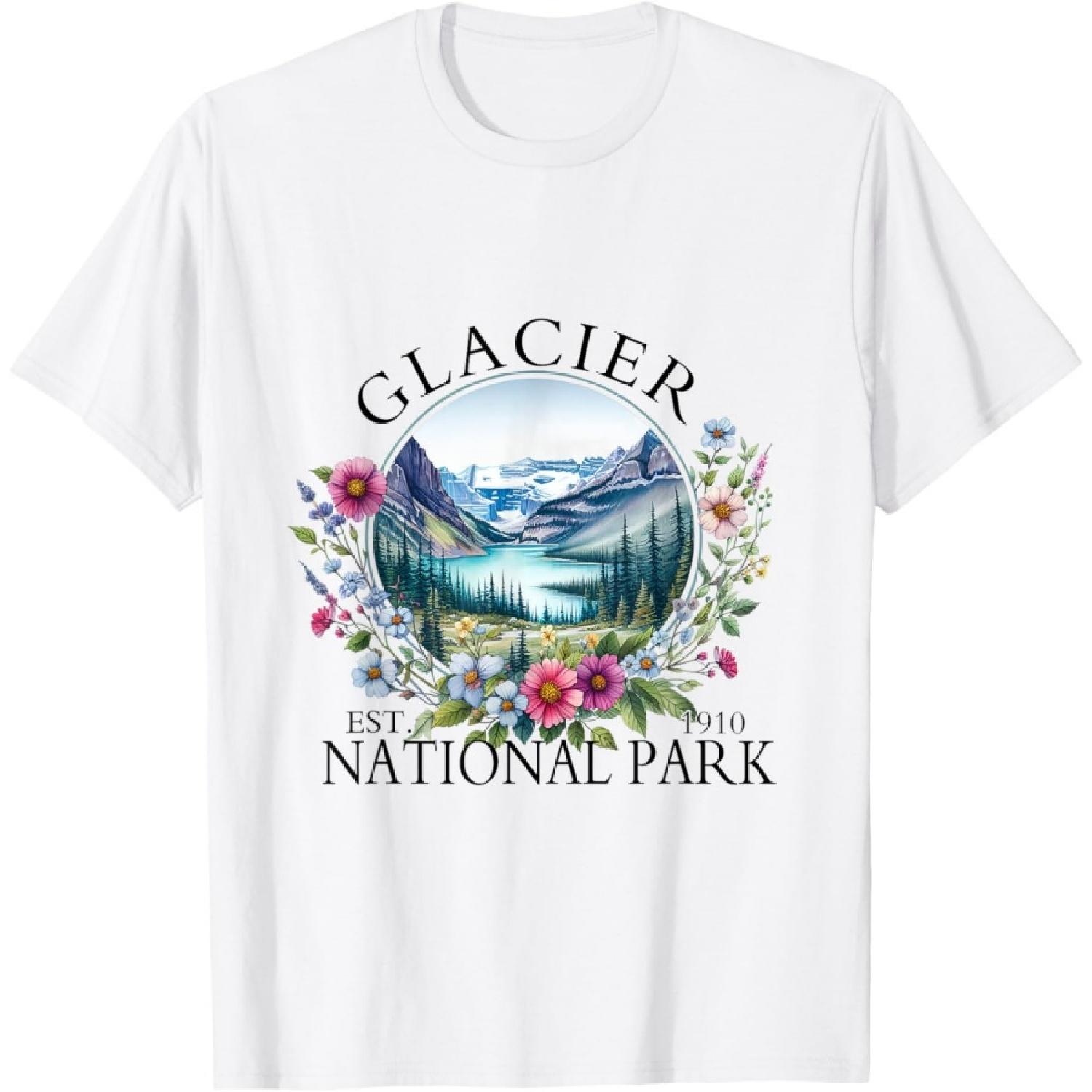Retro Floral Glacier National Park Hiking Camping Outdoor T-Shirt S