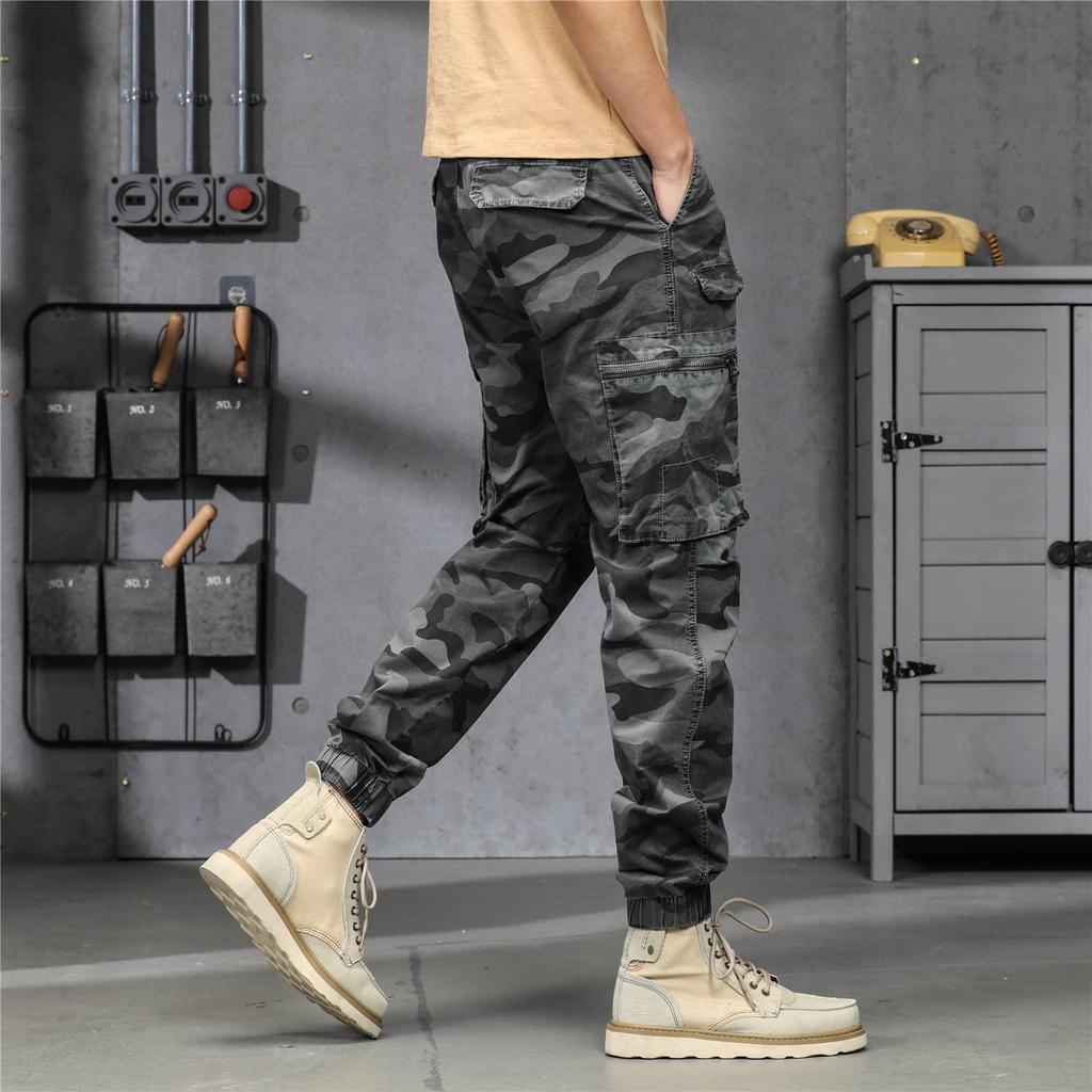 Hisokamoro Men's Camouflage Cargo Pants, Long Work Pants, Camouflage Tactical Pants, Army Style, Cotton, Slim Fit, Gray, BL0729-A656GRAY-29