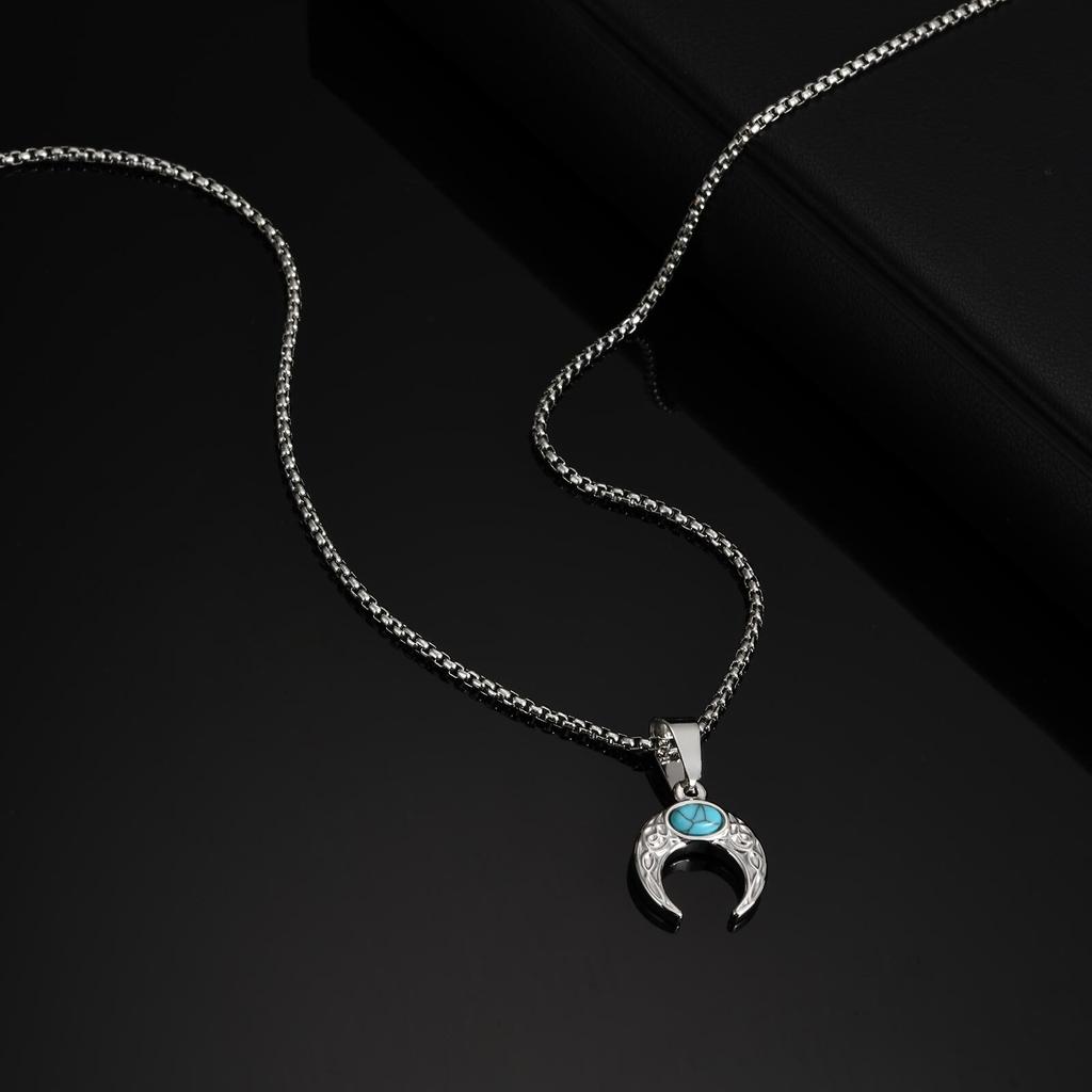 Turquoise Moon Pendant Necklace for Men Boys,Silver Color Stainless Steel Collar,Ethnic Retro Gift
