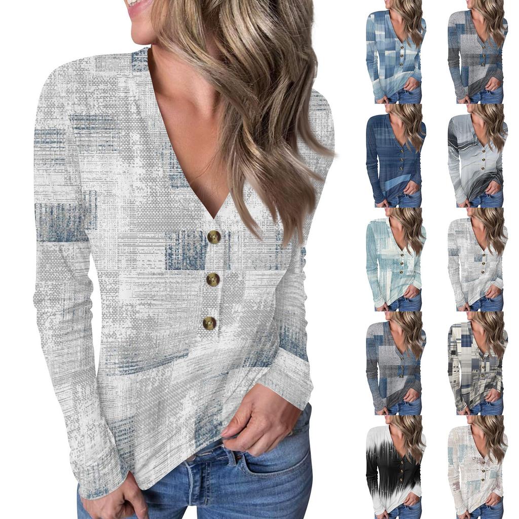 Women's Casual V-Neck Pullover Geometric Printing Button Top
