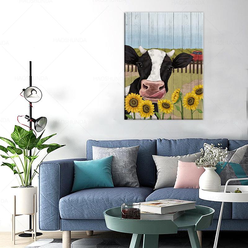 Uroczy Dekor Ścienny Krowa Żółty Słonecznik Czerwona Wiejska Stodoła Obraz na Płótnie Rustykalny Farma Zwierzę Malarstwo Zabawny Obraz Krowy