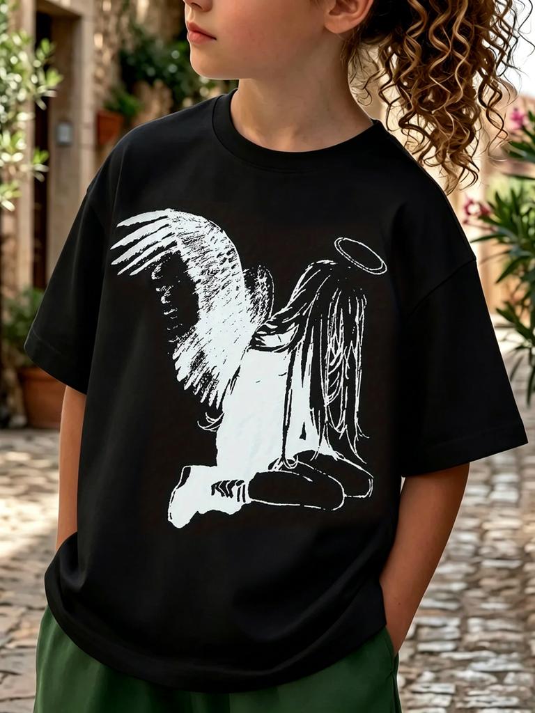 Summer Boys Girl T Shirt Kids Baby Youth Unisex Unisex Tee Oversize Japanese Anime TShirt Y2K Kawaii Angel Wing Graphic Tee Fashion